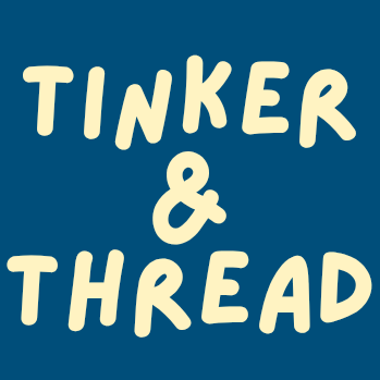 Text 'TINKER & THREAD' in yellow on a blue background